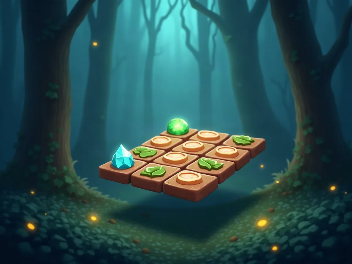Match-3 board glowing in the forest clearing