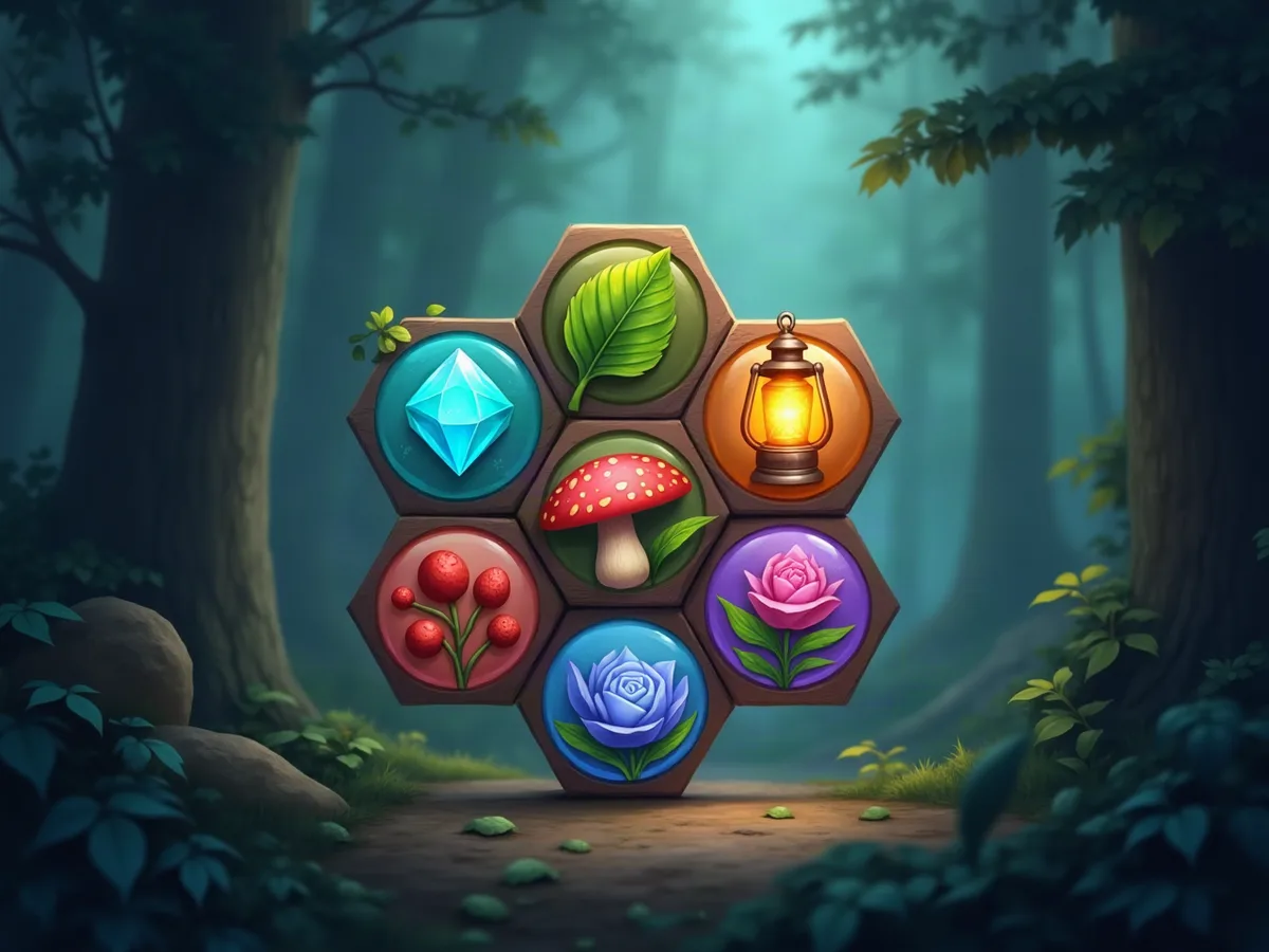Forest puzzle tiles — leaves, crystals, mushrooms, lanterns and berries